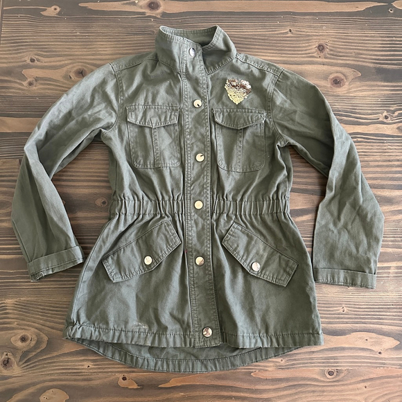 Kids Me Jane Utility Jacket Green Gold Size 7 Button Front Drawstring Heart - Picture 1 of 5